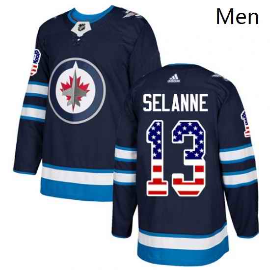 Mens Adidas Winnipeg Jets 13 Teemu Selanne Authentic Navy Blue USA Flag Fashion NHL Jersey